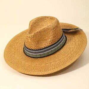 Hat Boho Pattern Ribbon Straw Braided Hat Dark Tan